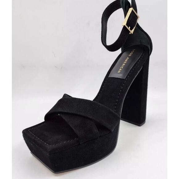 Good American Platform Block Heel Black Suede Ankle Strap Chunky Sandal 10.5 NEW - Picture 6 of 12